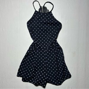 Windsor Black Romper Dress with Purple Dots, Black Lace, and Golden Zipper Small